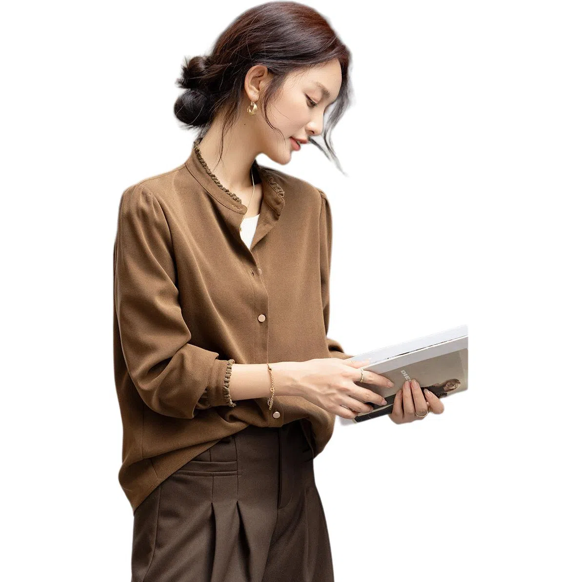 【dme】 冬季保暖修身通勤立领花边装饰泡泡袖衬衣秋冬外套长袖慵懒风宽松显瘦舒适百搭透气正肩复古日常时尚潮流基础款衬衫 女款