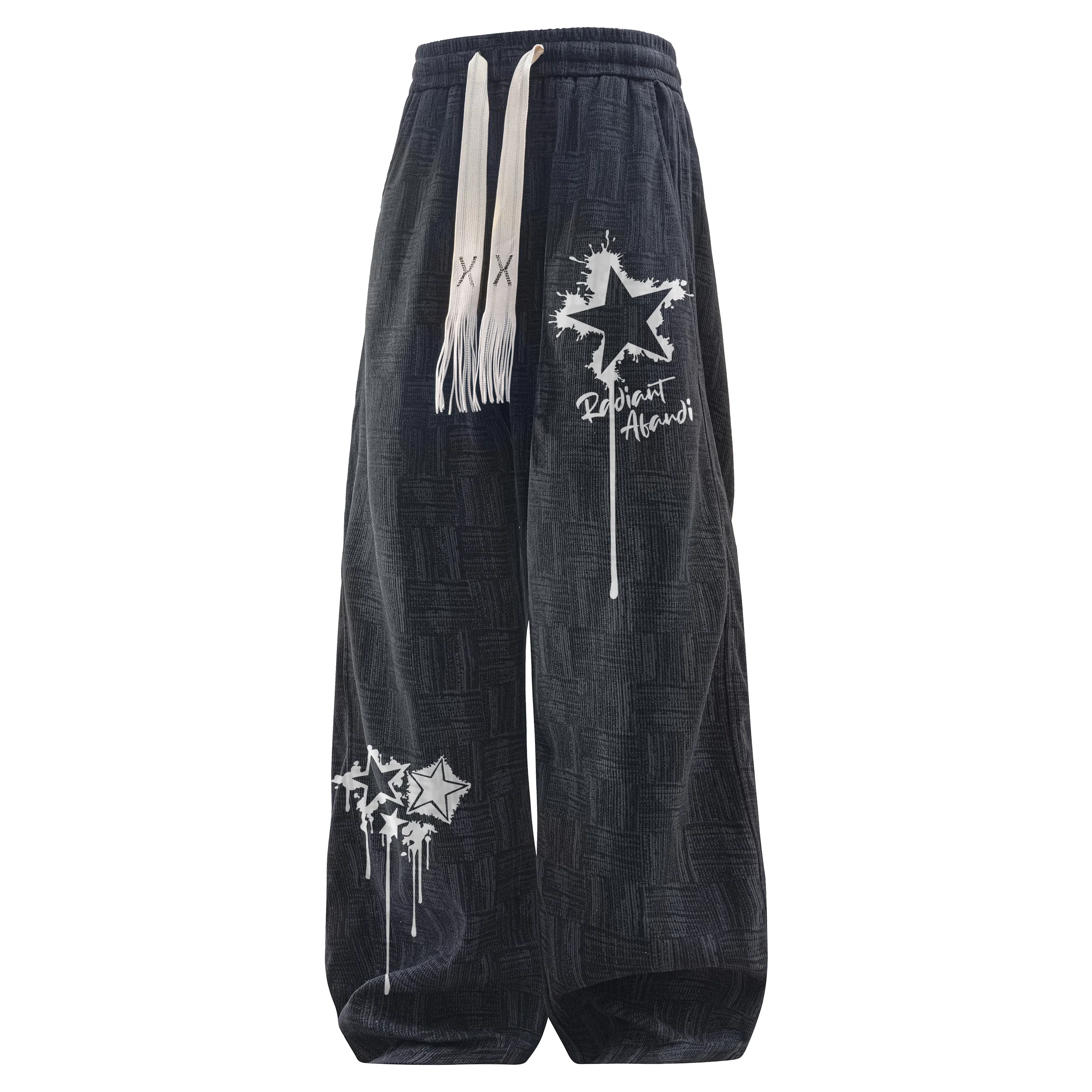 阿凡迪 扎染美式复古手绘星星涂鸦字母系带抽绳裤子高街户外运动裤日常通勤百搭微喇情侣装长裤宽松柔软垂感舒适阔腿潮流休闲裤 男女同款