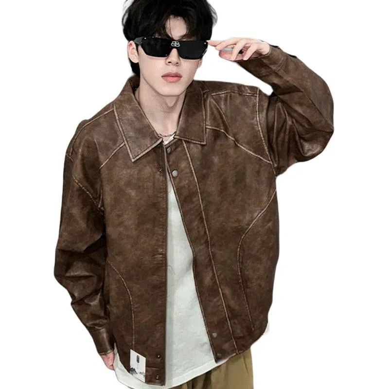 布客行 【复古废土风做旧拉链皮衣】酷飒不羁狂野硬朗摇滚机车叛逆霸气有型水洗质感翻领宽松廓形风格高级感日常夹克 男女同款