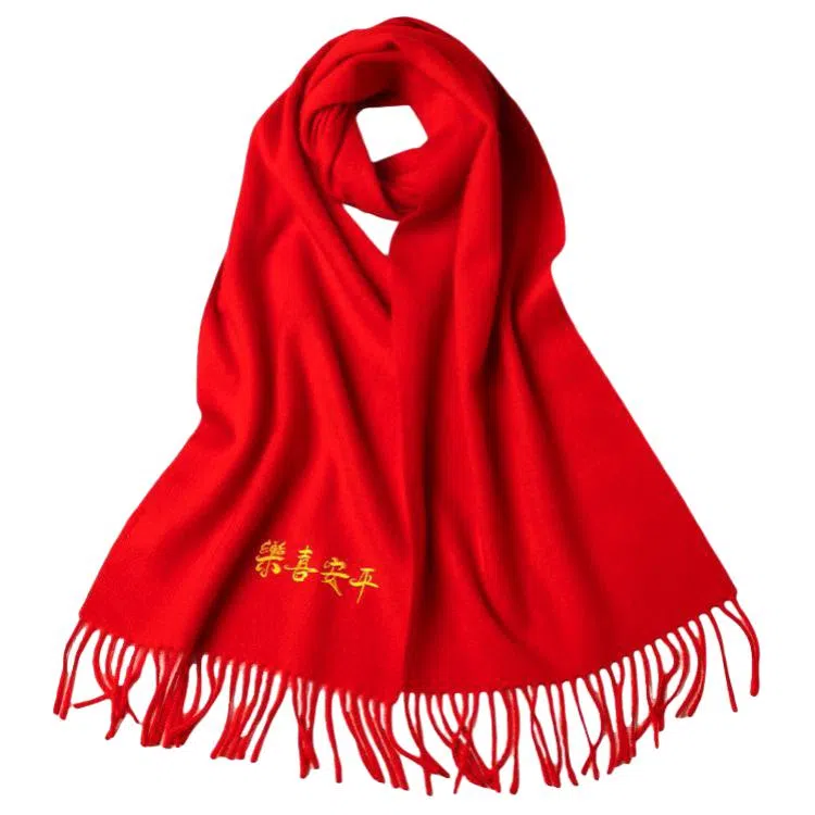 红豆 轻便柔软舒适大红中国红传统文化保暖 羊毛 绒线围巾 男女同款情侣款