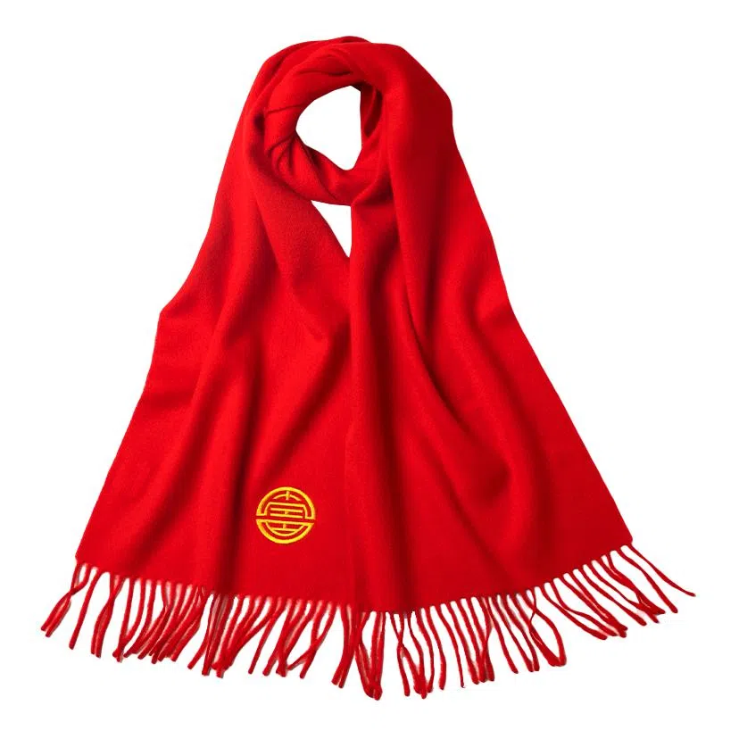 红豆 精致柔软舒适中国红时尚 羊毛 绒线围巾 男女同款情侣款