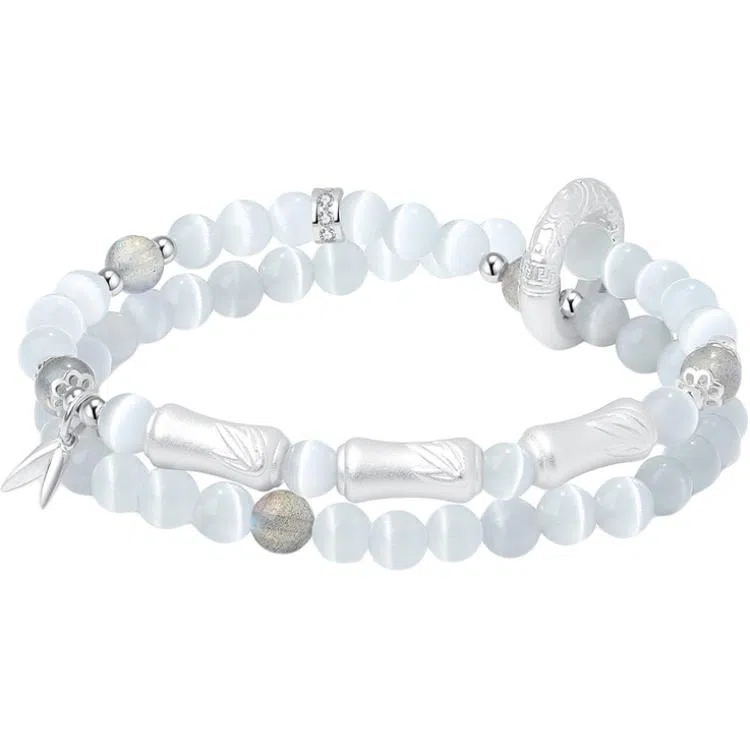 【999足银】 银千惠 新中式四季常青节节高升竹节圆环镶嵌锆石手饰国风设计感搭配可调节叠戴平安纳福心想事成好运常在 琉璃 手串 女款