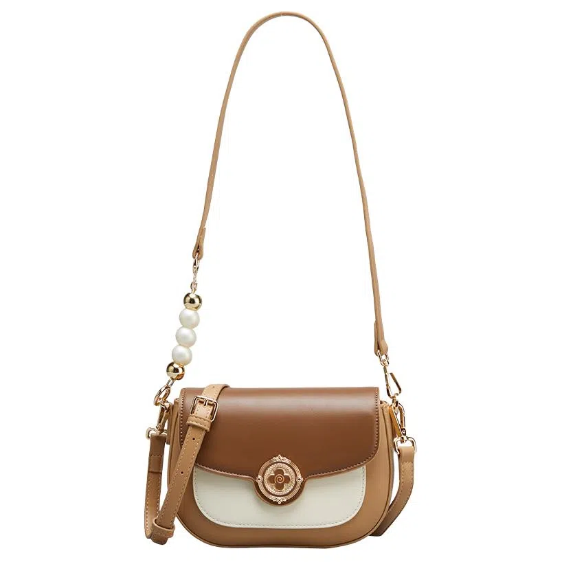 意尔康 通勤百搭时尚休闲 合成革 单肩斜挎包 杏色拼米白拼棕色