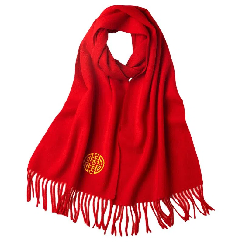 红豆 精致柔软舒适中国红时尚 羊毛 绒线围巾 男女同款情侣款