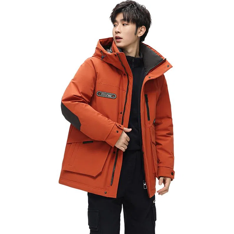 鸭鸭 中长款加厚连帽户外羽绒服 男款