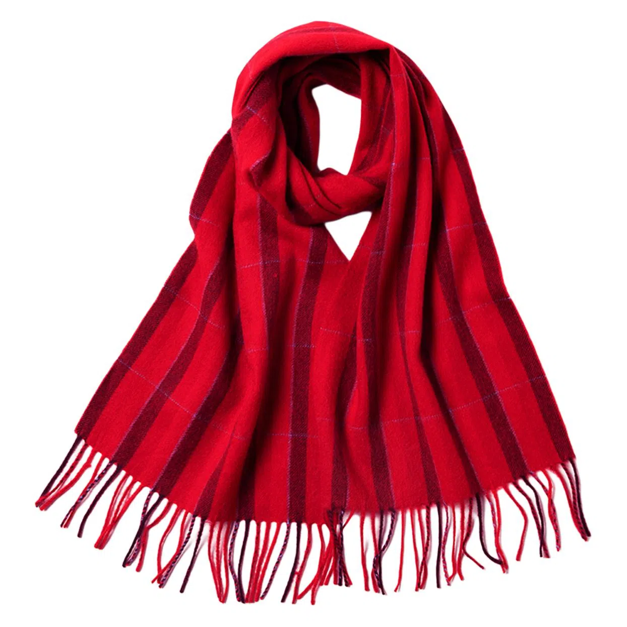 红豆 毛绒竖格水纹条纹方格 绵羊绒 绒线围巾 男女同款情侣款