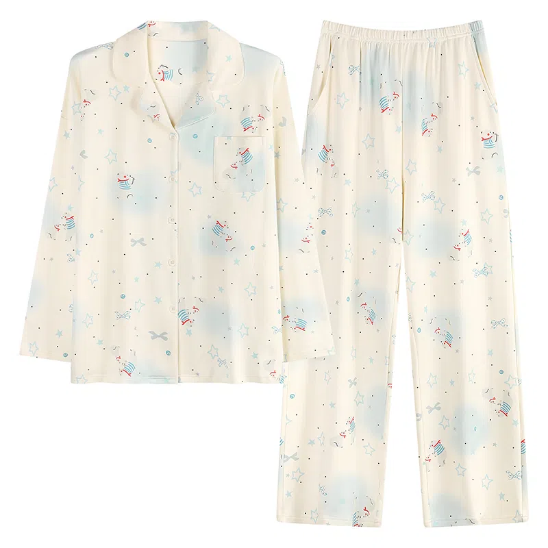 莫代尔 舒适柔软细腻个性翻领开衫纯棉时尚百搭简洁自带胸垫防凸点家居服可外穿睡衣套装 女款