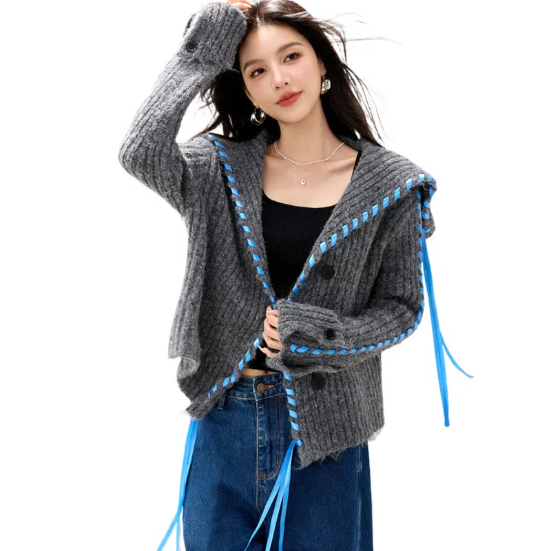 兰缪 慵懒风高级羊毛毛衣飘带装饰舒适柔软大翻领短款外套针织衫 女款