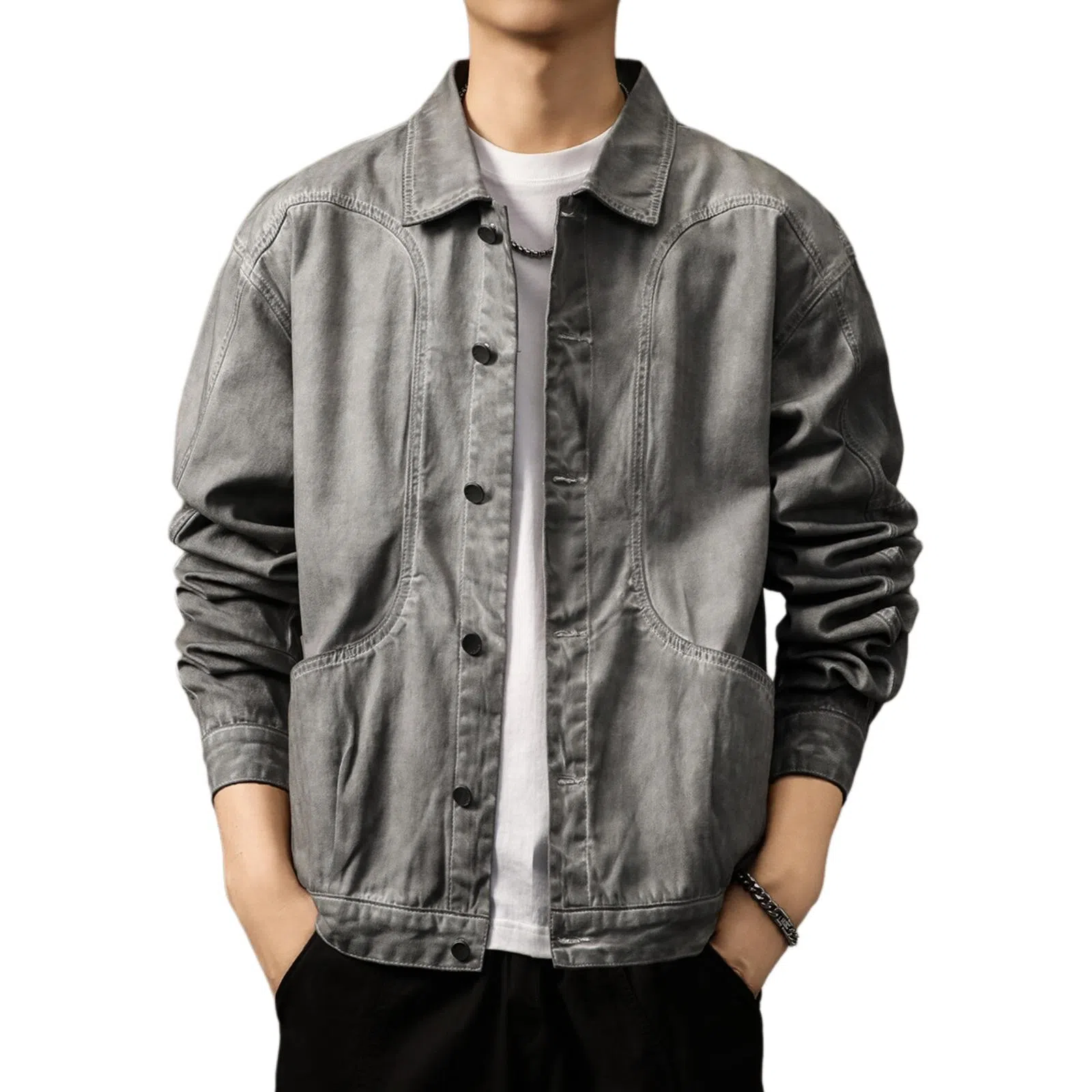 贵色 秋季 日系潮流百搭阿美咔叽风重磅脏染复古外套男士潮牌高街痞帅拼接口袋设计日常穿搭休闲翻领工装上衣夹克 宽松型 男女同款