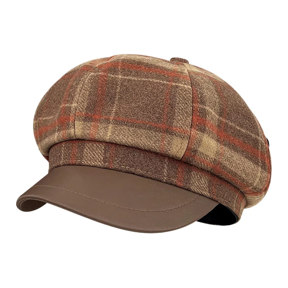 木林森 复古格纹拼接皮檐八角帽女秋冬百搭氛围感英伦风画家帽 涤纶 贝雷帽 男女同款情侣款