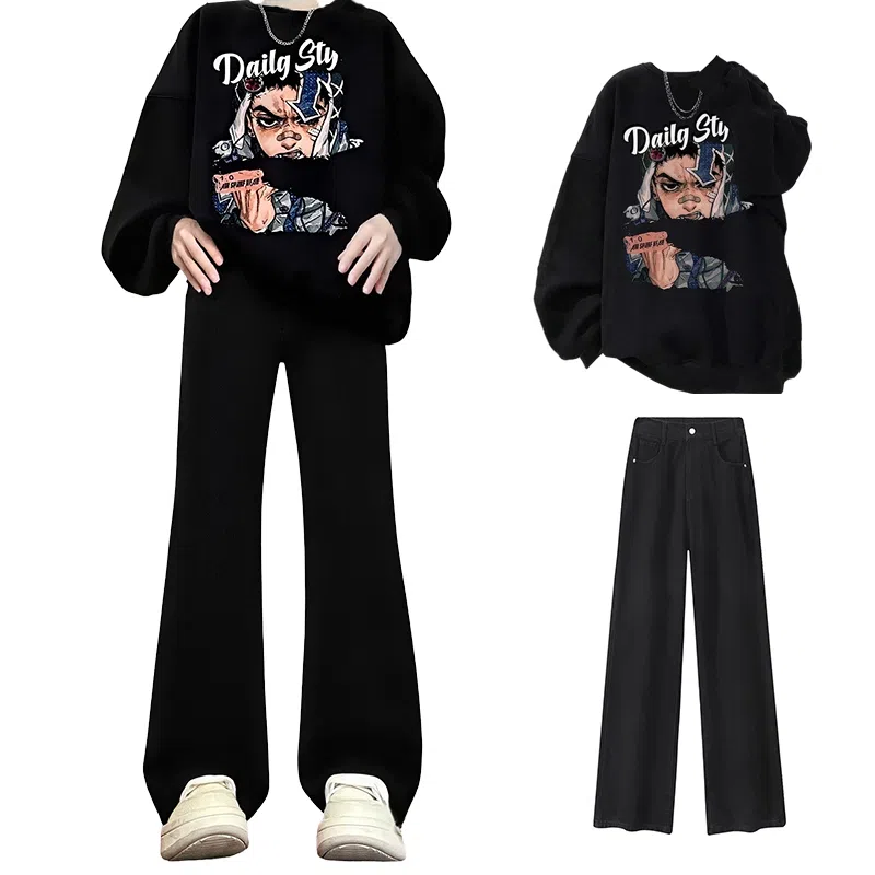 布客行 免搭配一套美式复古卡通字母印花重磅套头落肩袖上衣百搭水洗黑色显高显瘦弯刀微喇巴黎柳叶直筒牛仔长裤子休闲卫衣套装 男女同款