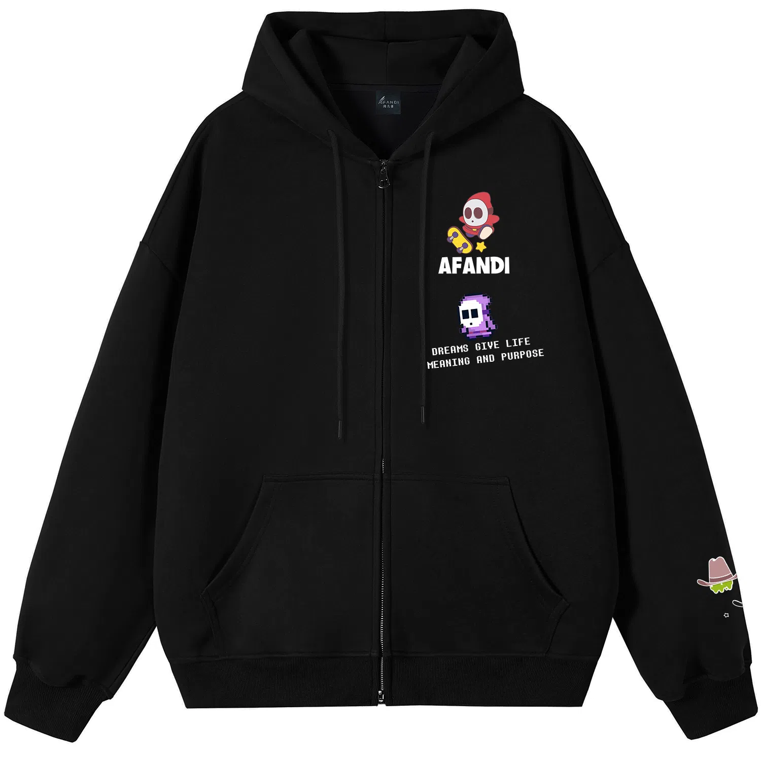 阿凡迪 【重磅华棉】美式嘻哈街头基础款可爱卡通滑板像素风潮牌字母高街简约高级感校园日常通勤百搭无性别开衫拉链连帽卫衣 男女同款