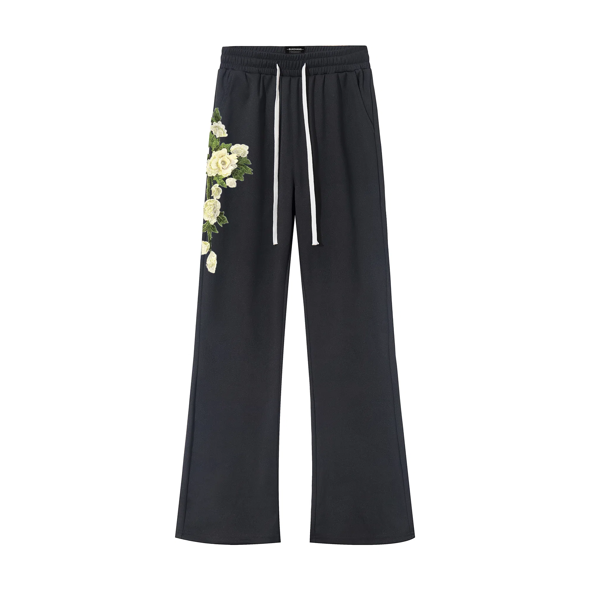 【万针刺绣立体花卉浮雕】布客行 微喇卫裤显高显瘦美式高街简约文艺风弹力松紧腰抽绳长裤直筒阔腿弯刀垂感百搭针织运动休闲裤 男女同款