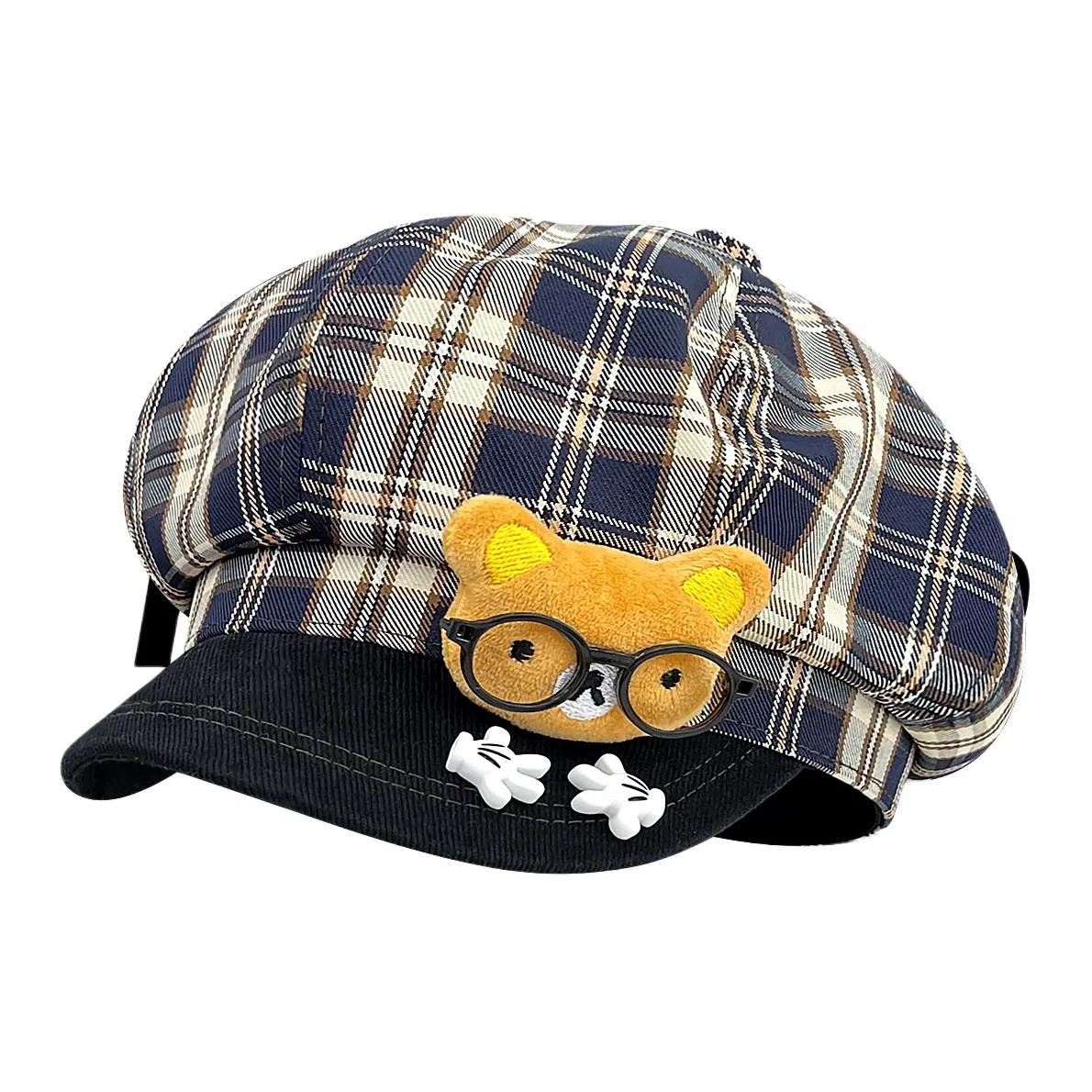 木林森 可爱眼镜小熊格纹八角帽复古百搭显脸 棉 贝雷帽 男女同款情侣款