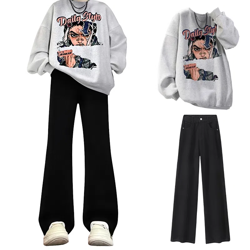 布客行 免搭配一套美式复古卡通字母印花重磅套头落肩袖上衣百搭水洗黑色显高显瘦弯刀微喇巴黎柳叶直筒牛仔长裤子休闲卫衣套装 男女同款