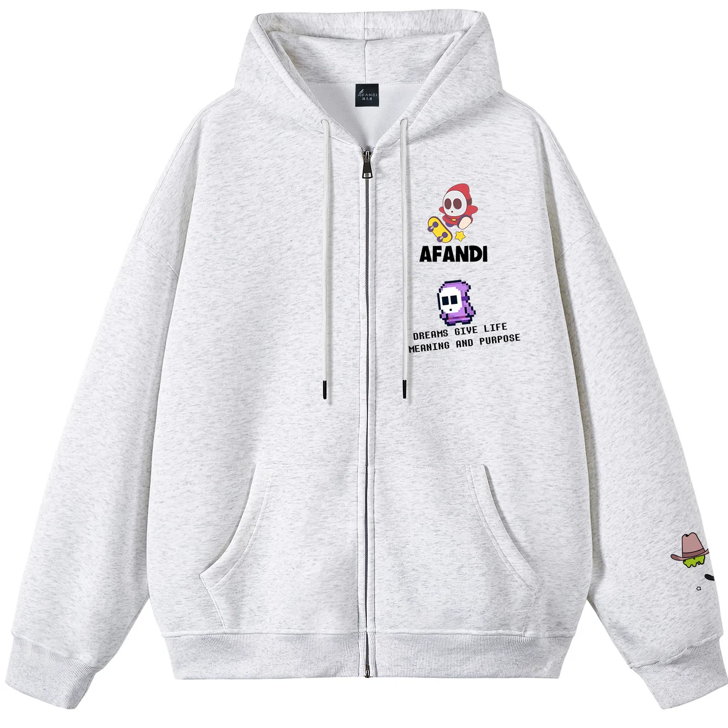 阿凡迪 【重磅华棉】美式嘻哈街头基础款可爱卡通滑板像素风潮牌字母高街简约高级感校园日常通勤百搭无性别开衫拉链连帽卫衣 男女同款