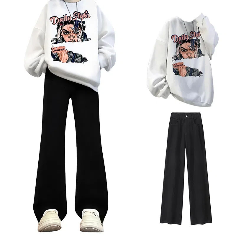 布客行 免搭配一套美式复古卡通字母印花重磅套头落肩袖上衣百搭水洗黑色显高显瘦弯刀微喇巴黎柳叶直筒牛仔长裤子休闲卫衣套装 男女同款