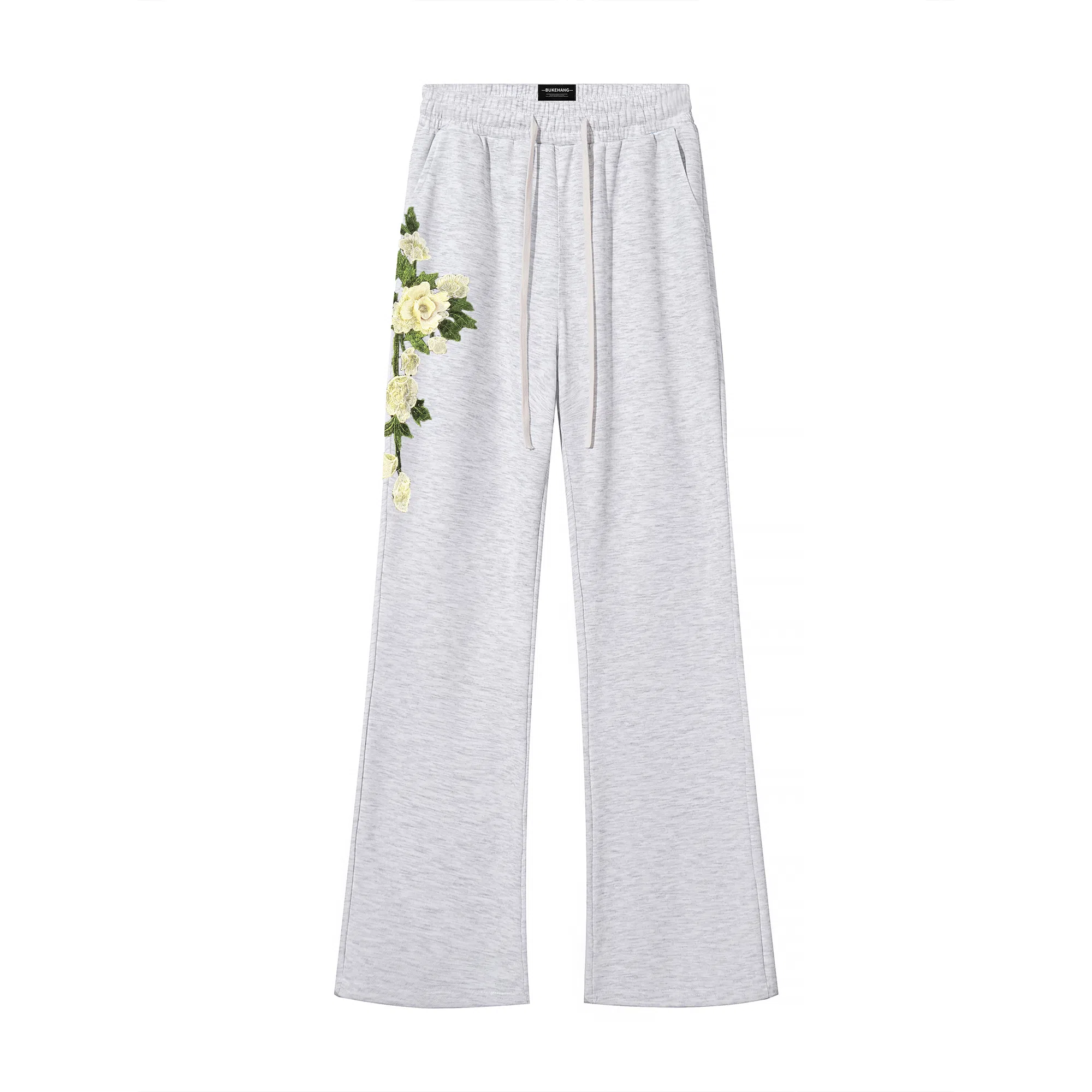 【万针刺绣立体花卉浮雕】布客行 微喇卫裤显高显瘦美式高街简约文艺风弹力松紧腰抽绳长裤直筒阔腿弯刀垂感百搭针织运动休闲裤 男女同款