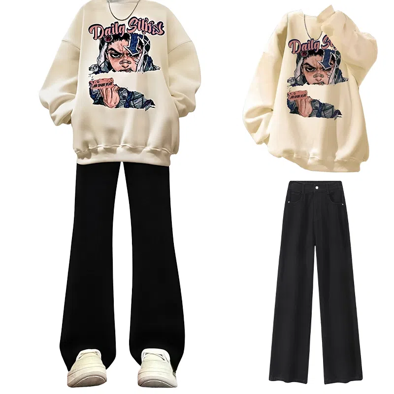 布客行 免搭配一套美式复古卡通字母印花重磅套头落肩袖上衣百搭水洗黑色显高显瘦弯刀微喇巴黎柳叶直筒牛仔长裤子休闲卫衣套装 男女同款