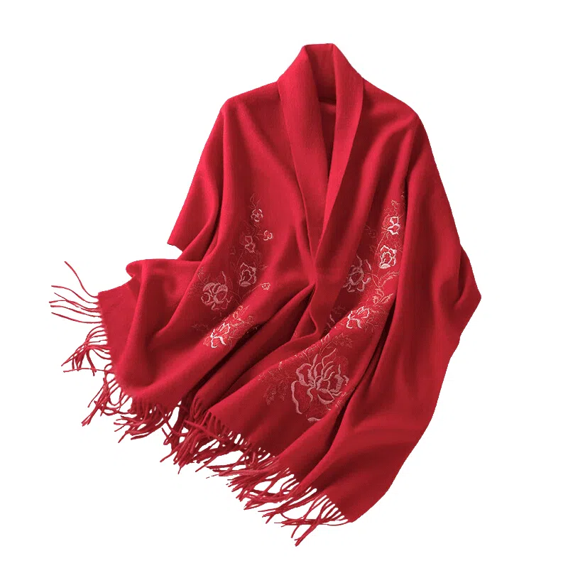红豆 品牌刺绣大红喜庆鲜艳 羊毛 绒线围巾 男女同款情侣款