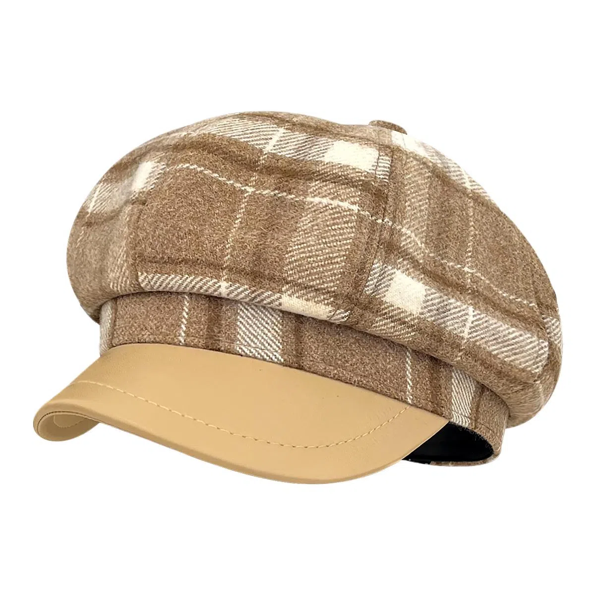 木林森 复古格纹拼接皮檐八角帽女秋冬百搭氛围感英伦风画家帽 涤纶 贝雷帽 男女同款情侣款