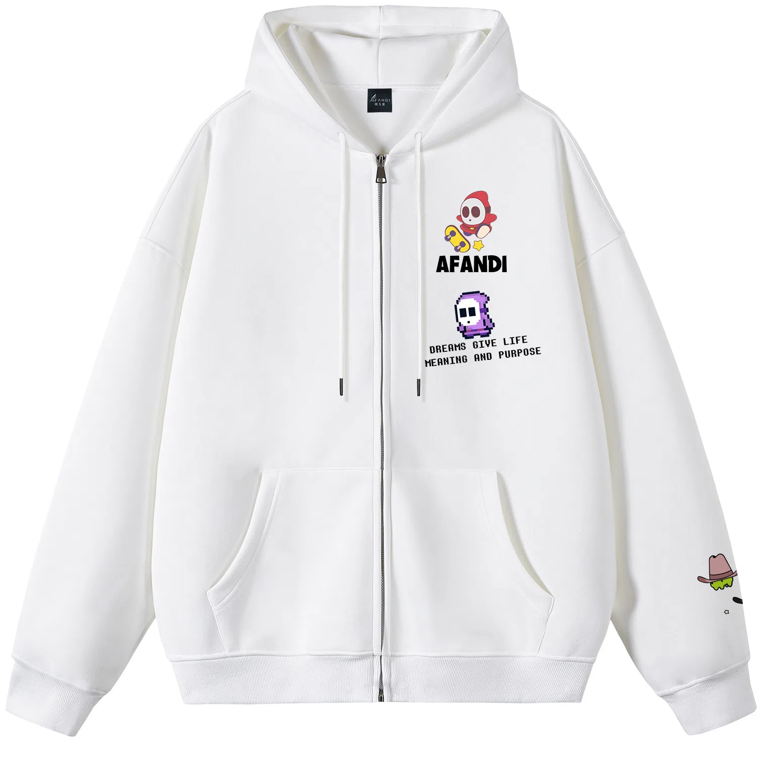 阿凡迪 【重磅华棉】美式嘻哈街头基础款可爱卡通滑板像素风潮牌字母高街简约高级感校园日常通勤百搭无性别开衫拉链连帽卫衣 男女同款