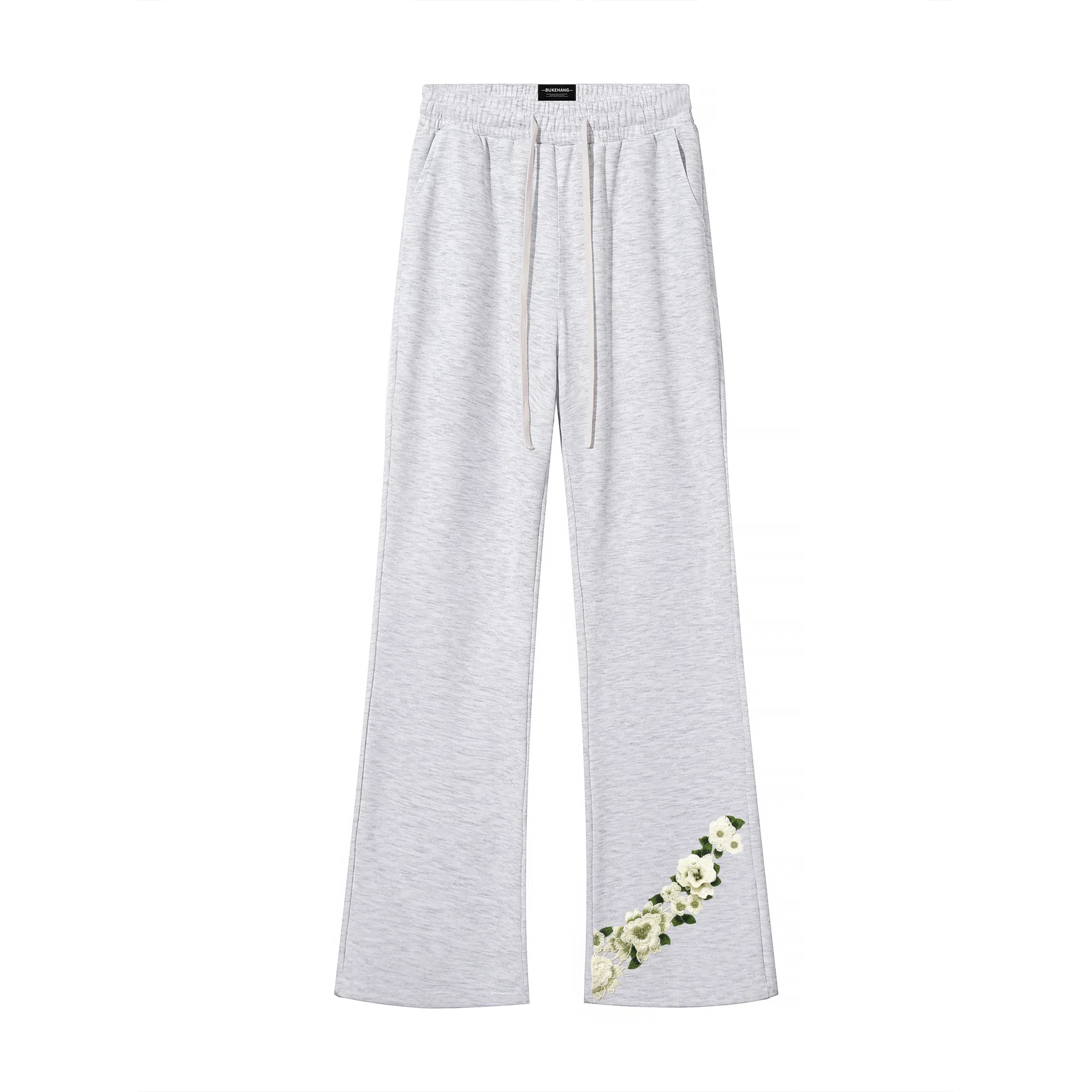 【万针刺绣立体花卉浮雕】布客行 显高显瘦微喇卫裤美式高街简约文艺风弹力松紧腰抽绳直筒阔腿弯刀垂感百搭针织运动长裤休闲裤 男女同款