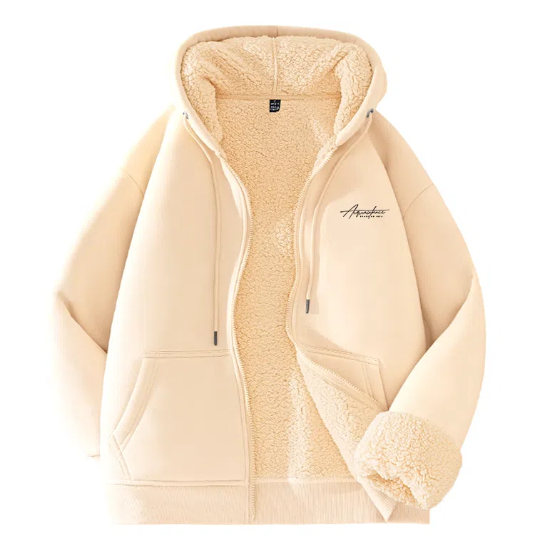 棉致 个性字母简约纯色保暖通勤无性别百搭休闲主义柔软舒适加厚羊羔绒连帽套头卫衣 男女同款