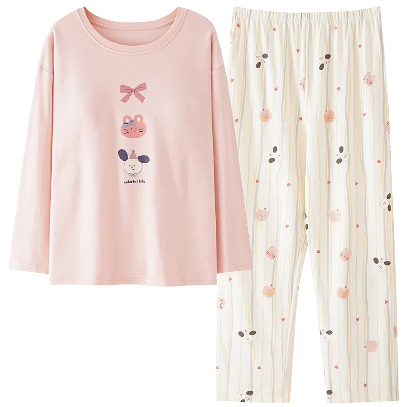 莫代尔 纯棉轻柔亲肤透气圆领套头舒适个性时尚百搭自带胸垫防凸点家居服可外穿睡衣套装 女款