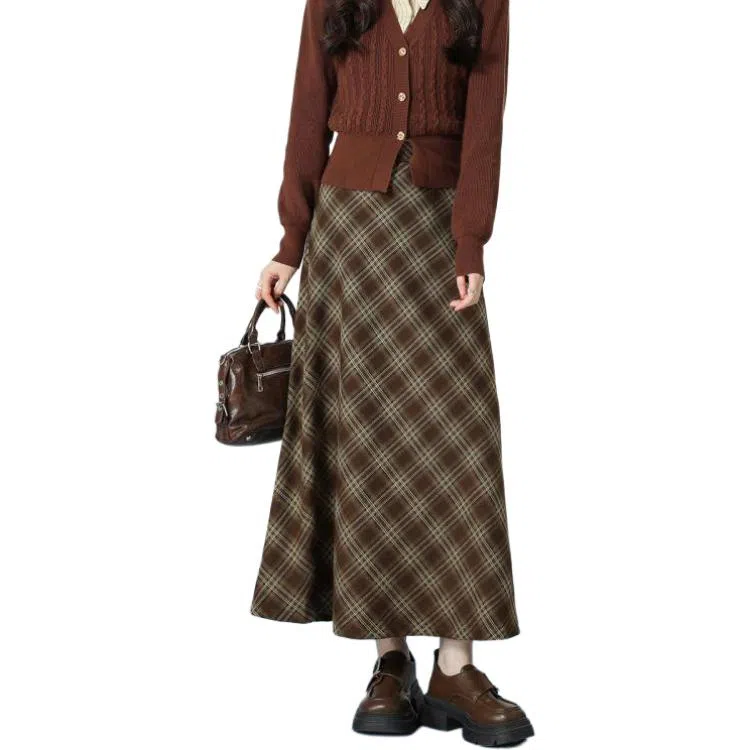 法文箱子 复古格子不规则长款休闲长裙 女款