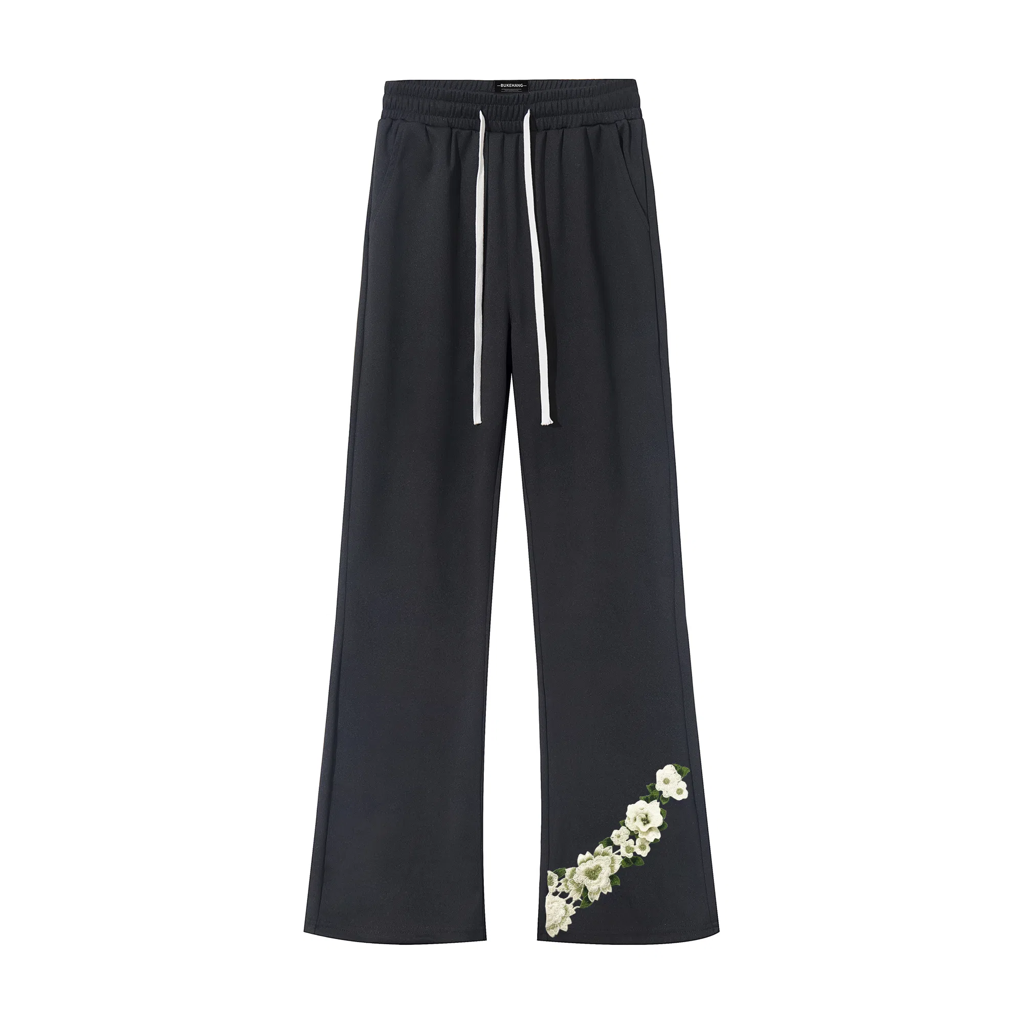 【万针刺绣立体花卉浮雕】布客行 显高显瘦微喇卫裤美式高街简约文艺风弹力松紧腰抽绳直筒阔腿弯刀垂感百搭针织运动长裤休闲裤 男女同款