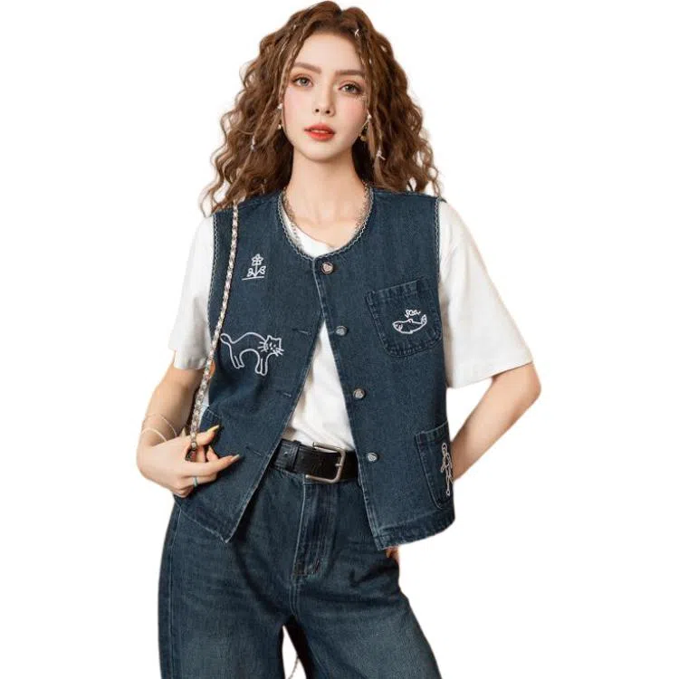 法文箱子 刺绣牛仔高级感马甲 女款