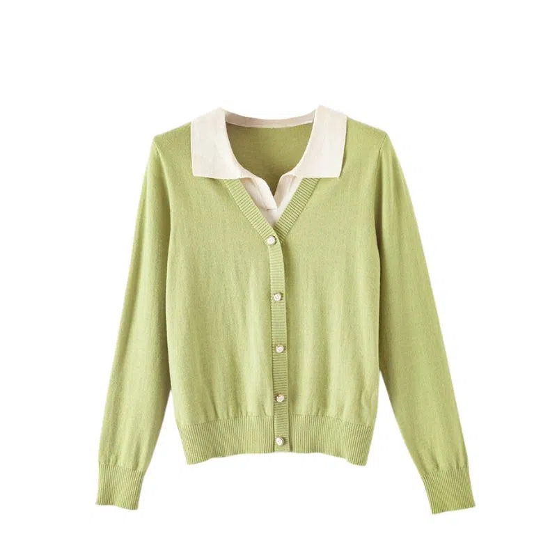 晚白 假两件设计含羊毛高弹力装饰扣针织衫 女款