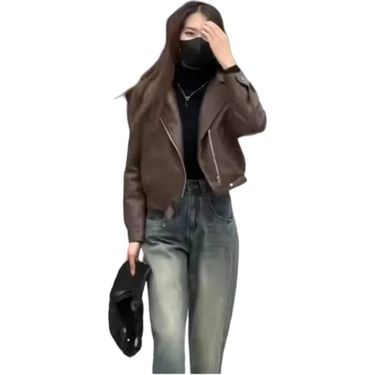 丝絮丝绸 秋季宽松复古港风长袖机车夹克外套皮衣 女款