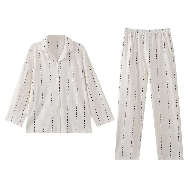 莫代尔 纯棉个性百搭简约翻领开衫休闲舒适亲肤透气长袖长裤家居服可外穿女士睡衣套装 女款