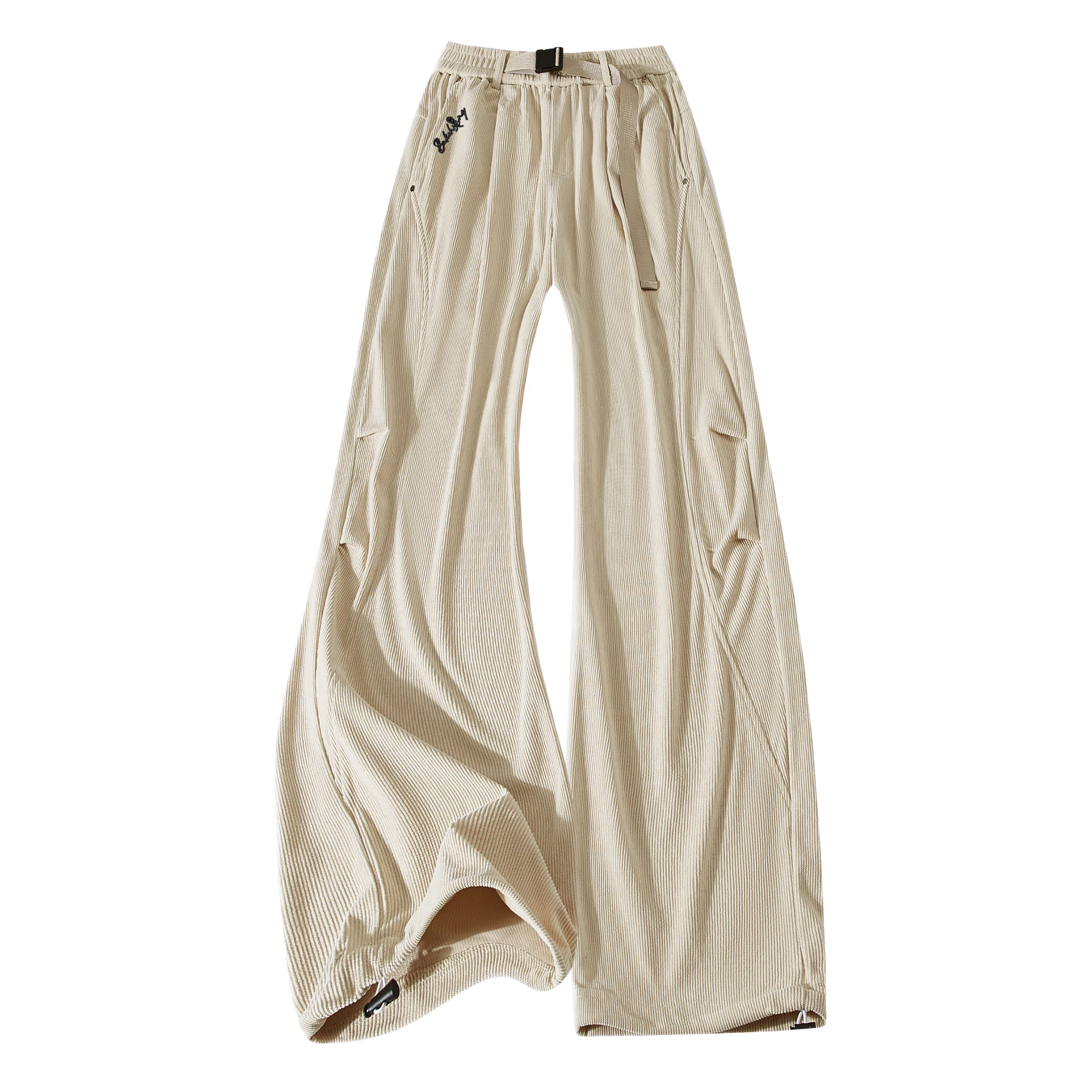 【两穿灯芯绒松紧腰带】布客行 大码可穿不规则明线褶皱拼接设计垂感抗皱免熨烫显高瘦显腿长美式高街弯刀微喇保暖长裤子休闲裤 男女同款