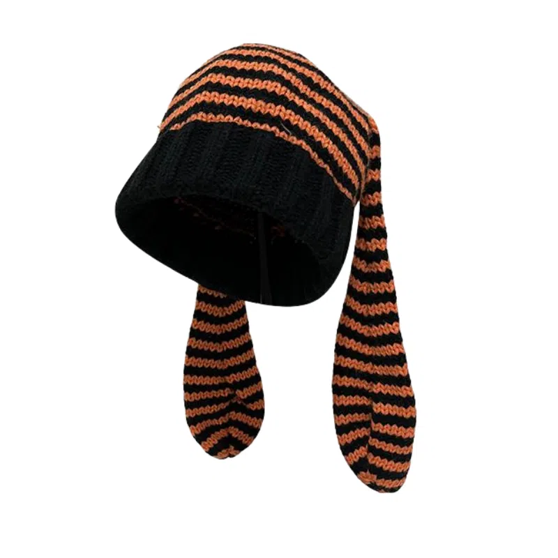 北极绒 可爱耳朵针织条纹套头潮流时尚保暖护耳 聚酯纤维 绒线帽 男女同款情侣款