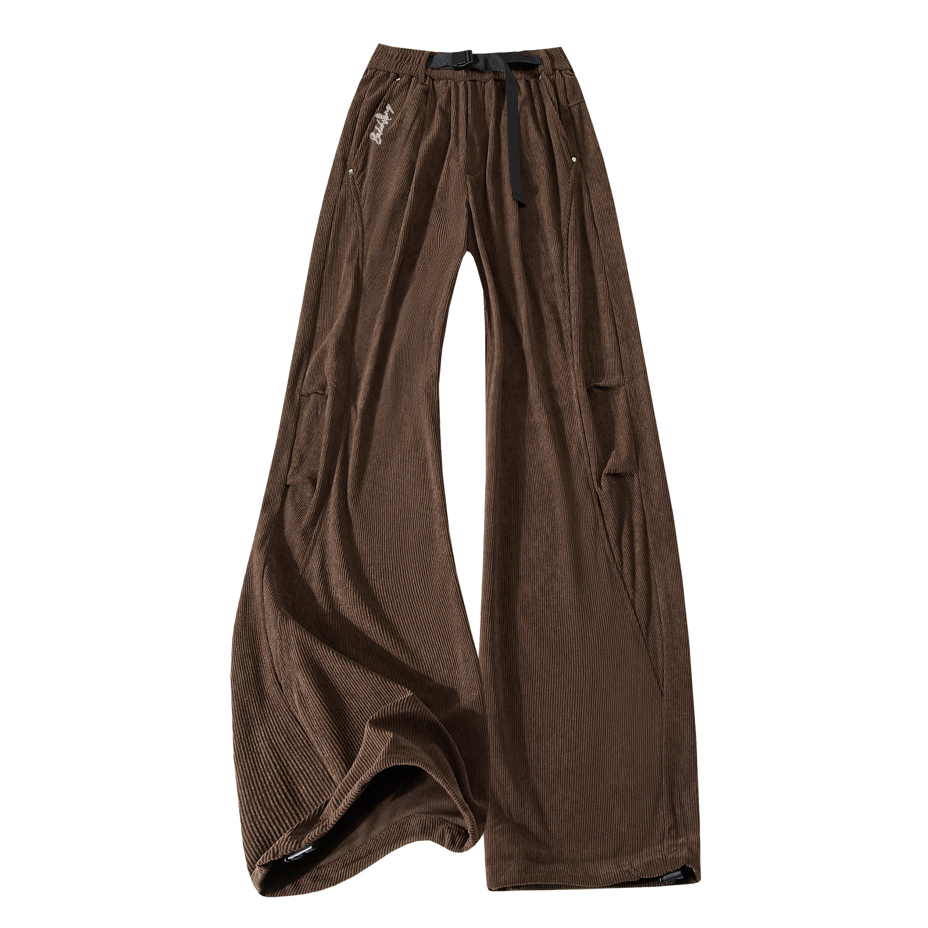 【两穿灯芯绒松紧腰带】布客行 大码可穿不规则明线褶皱拼接设计垂感抗皱免熨烫显高瘦显腿长美式高街弯刀微喇保暖长裤子休闲裤 男女同款