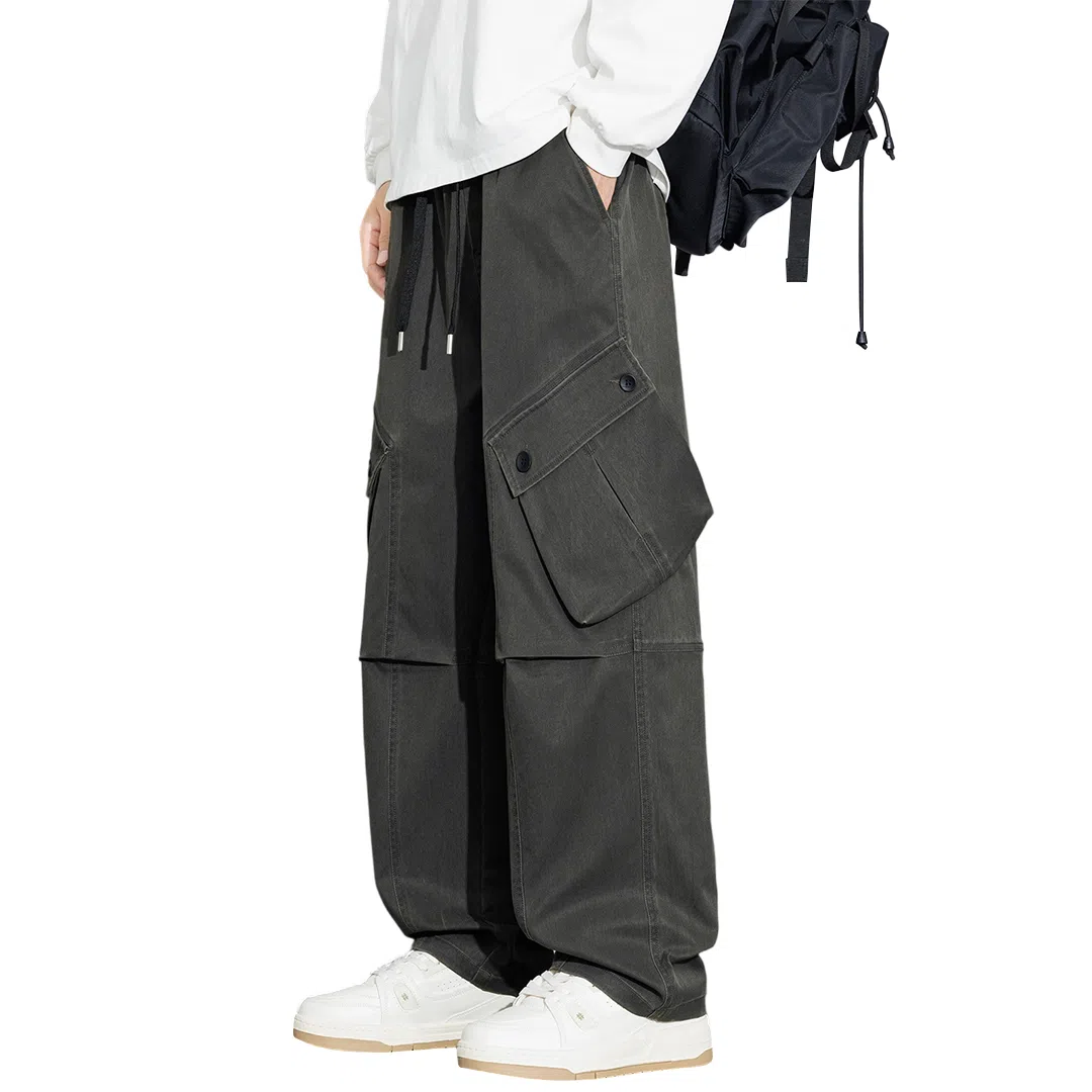 顶峰保罗 山系机能户外登山骑行攀岩褶皱工装伞兵裤无性别主义潮牌宽松直筒阔腿裤高街痞帅百搭弹力抽绳显高显瘦拖地垂感休闲裤 男女同款