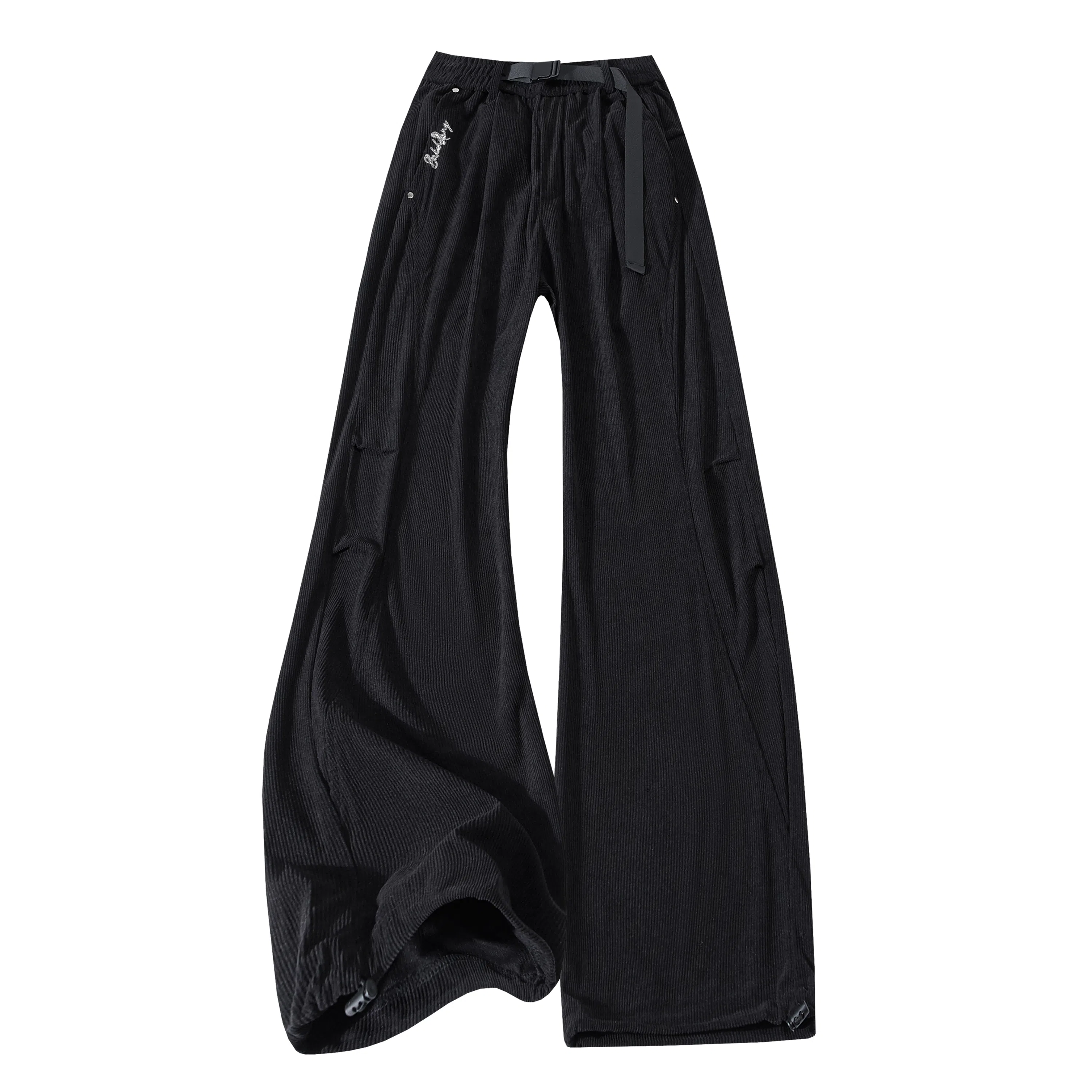 【两穿灯芯绒松紧腰带】布客行 大码可穿不规则明线褶皱拼接设计垂感抗皱免熨烫显高瘦显腿长美式高街弯刀微喇保暖长裤子休闲裤 男女同款