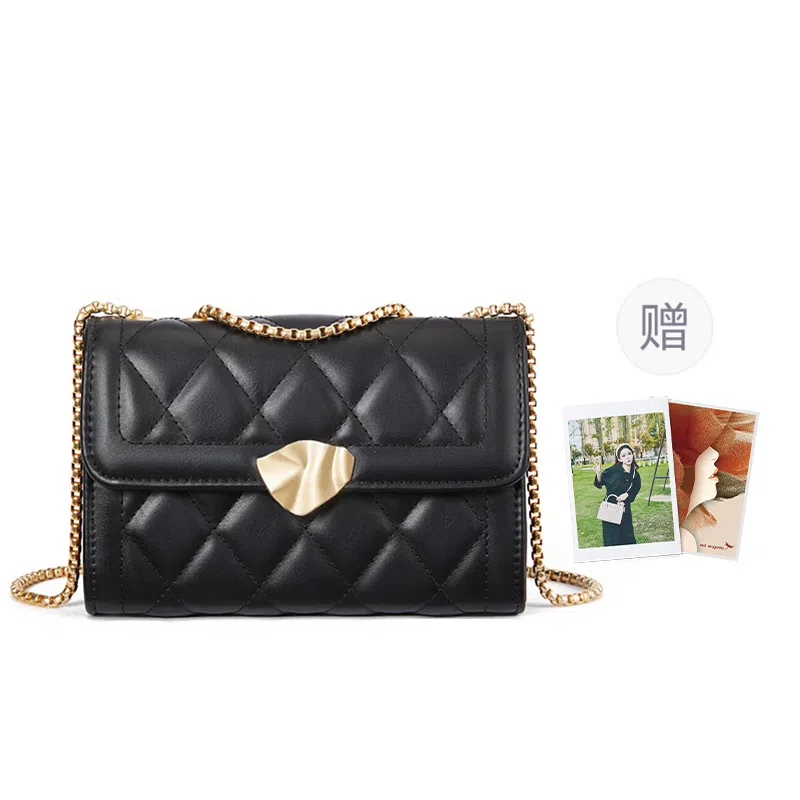 红蜻蜓 百搭少女包法式小香风通勤链条包时尚菱格包 聚氨酯拼合成革 单肩包腋下包手提包斜挎包 女款 黑色/米白色