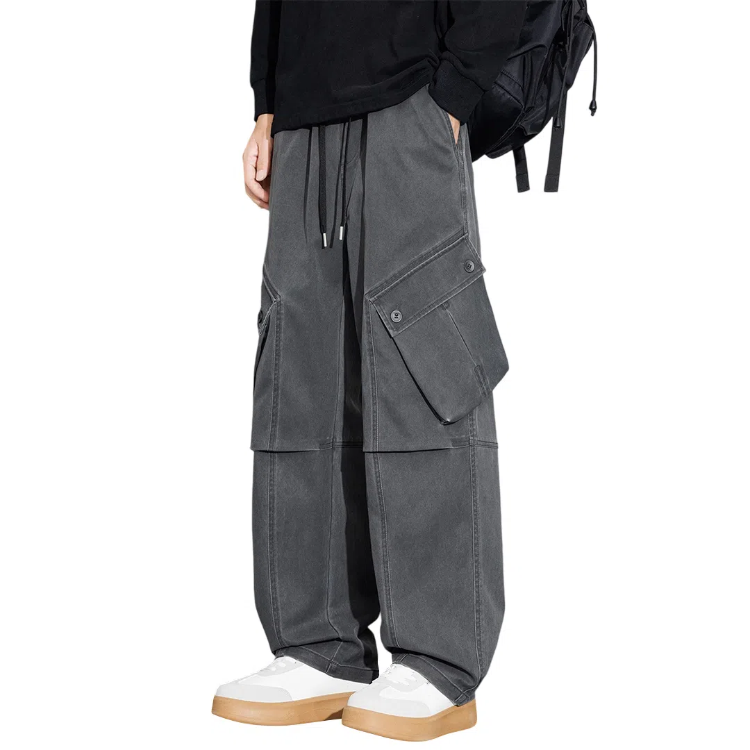 顶峰保罗 山系机能户外登山骑行攀岩褶皱工装伞兵裤无性别主义潮牌宽松直筒阔腿裤高街痞帅百搭弹力抽绳显高显瘦拖地垂感休闲裤 男女同款