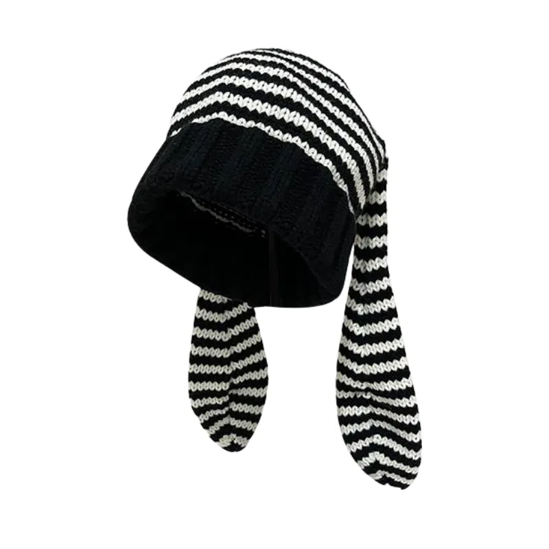 北极绒 可爱耳朵针织条纹套头潮流时尚保暖护耳 聚酯纤维 绒线帽 男女同款情侣款