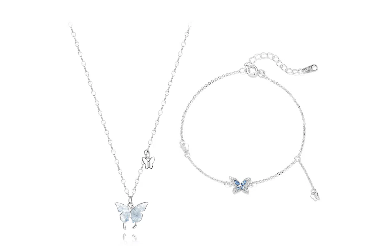 【S999纯银】 牧言 闪耀梦蝶系列 温柔气质轻奢小众浪漫高级感 蓝色水滴璀璨招财蝴蝶流苏甜美设计项链套装 日常约会 足银 手链 女款