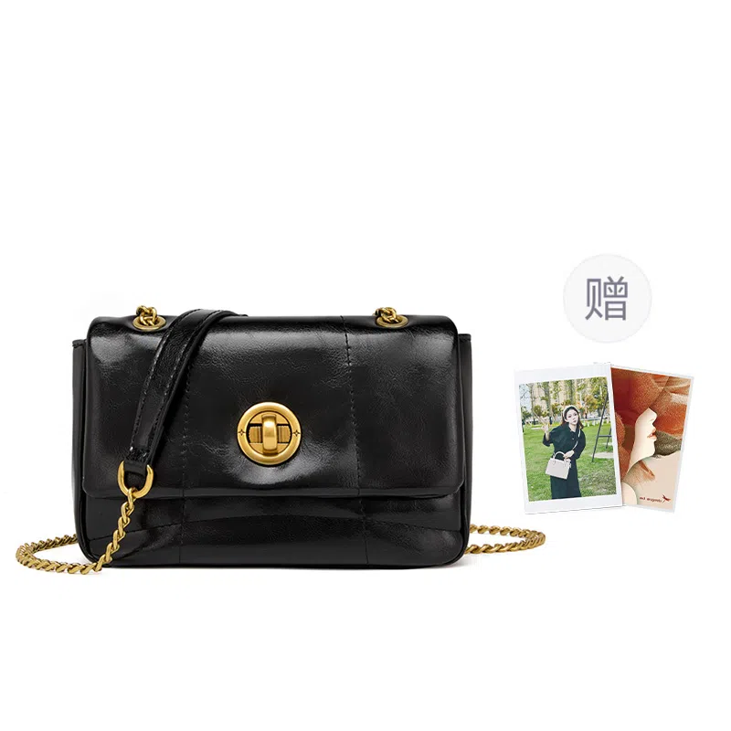 红蜻蜓 时尚小香风翻盖式链条包经典气质通勤高颜值手提斜挎腋下包 牛皮 单肩包 女款 黑色