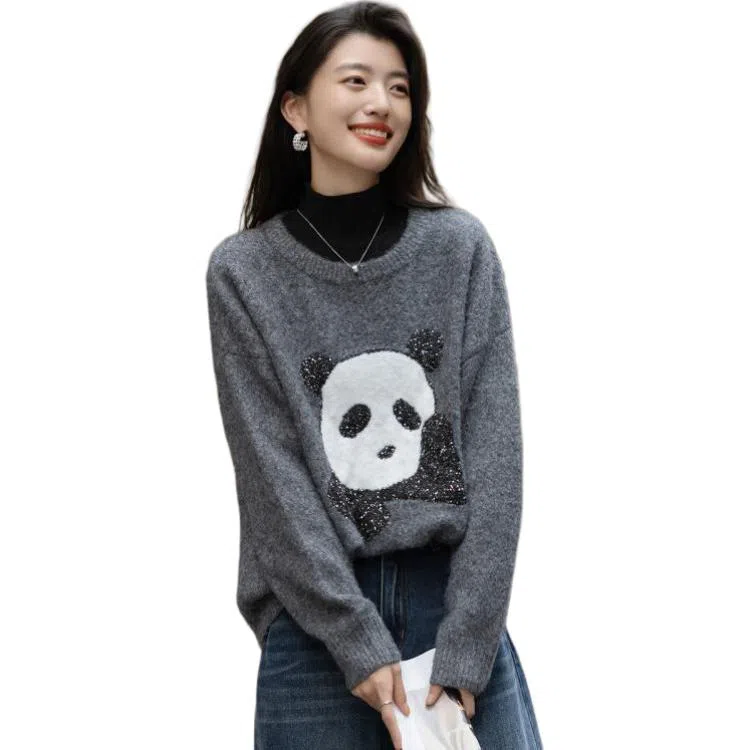 【dme】 含绵羊毛冬季萌趣撞色动物提花线衫圆领罗纹宽松女上衣可爱熊猫图案设计长袖毛衣亮片装饰休闲风格针织衫 女款