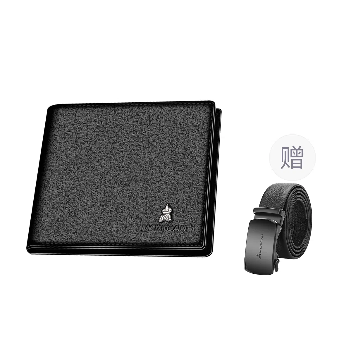 稻草人 简约设计商务腰带钱夹百搭皮带套装 牛皮 钱包 常规 男款 黑色