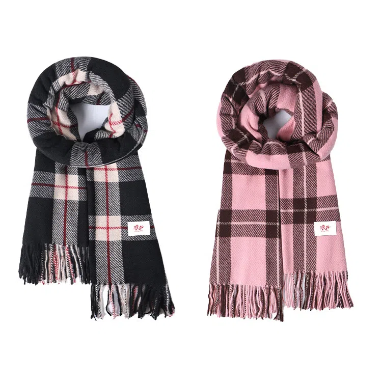 浪莎 格纹双面仿羊绒披肩高级感保暖流苏围脖 聚酯纤维 绒线围巾 男女同款情侣款