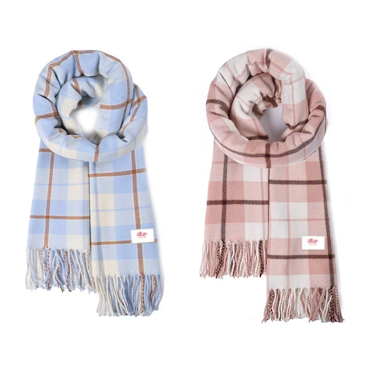 浪莎 小清新学院风高颜值粗线条格子秋冬季防寒护脖保暖加厚柔软撞色围脖 心动礼盒装 聚酯纤维 绒线围巾 男女同款情侣款