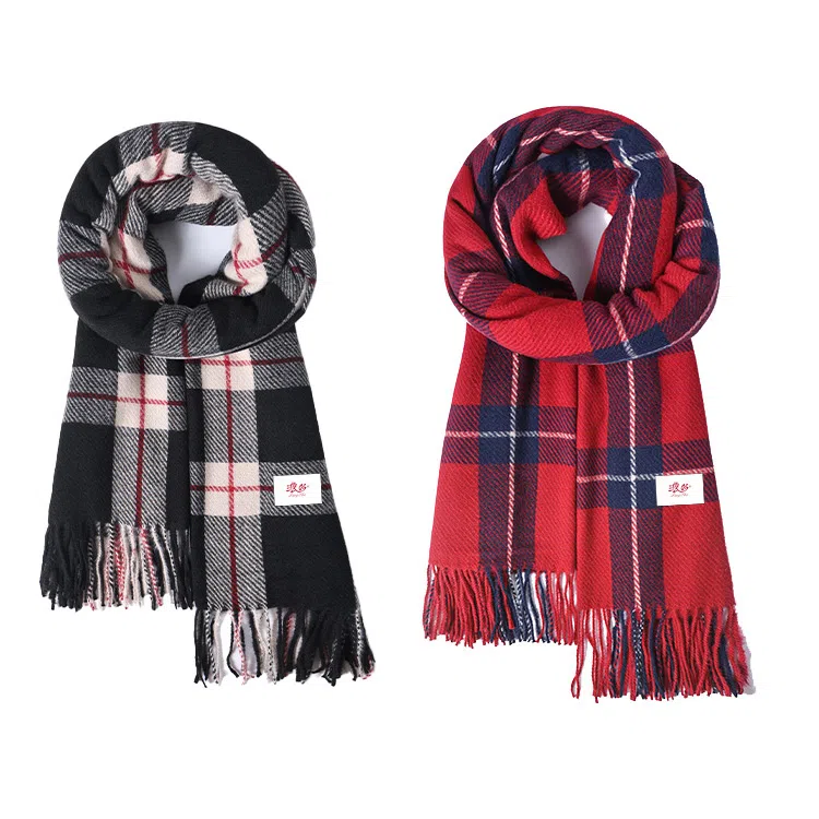 浪莎 格纹双面仿羊绒披肩高级感保暖流苏围脖 聚酯纤维 绒线围巾 男女同款情侣款